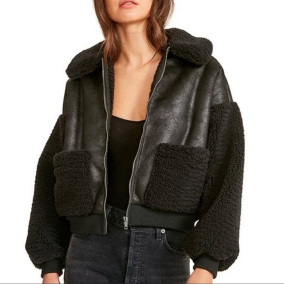 BB Dakota x Steve Madden Mixed Feelings Black Sherpa Bomber Jacket size Small - Picture 1 of 13
